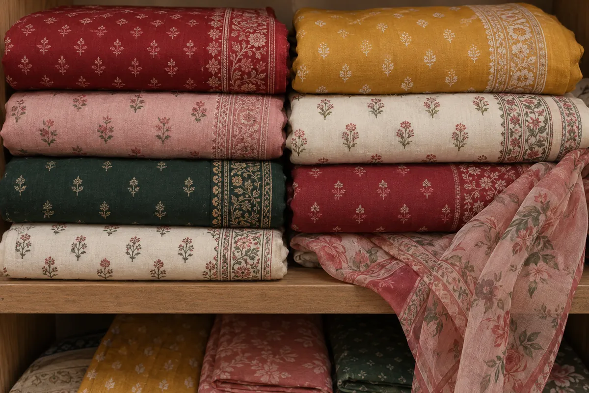Folded suit fabrics in red, saffron, pink, ivory and green on a wooden shelf