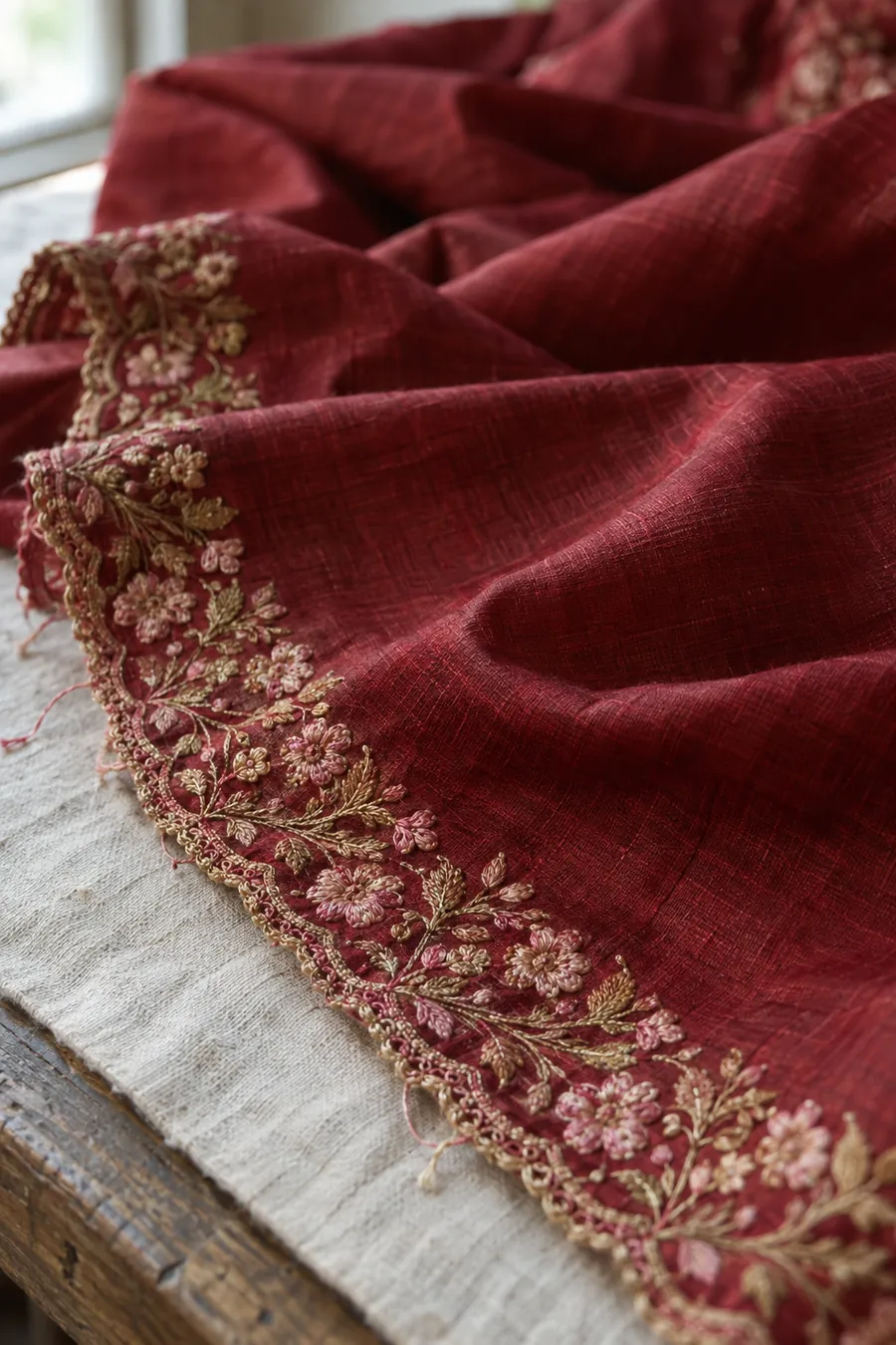 Deep red silk in soft folds with a hand-embroidered border